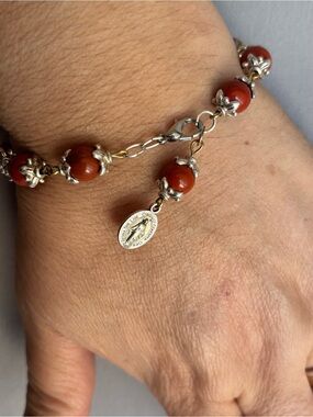 925 Sterling bracelet Rosary)Bead & Floral Cap Charm Bracelet in Rich Red
